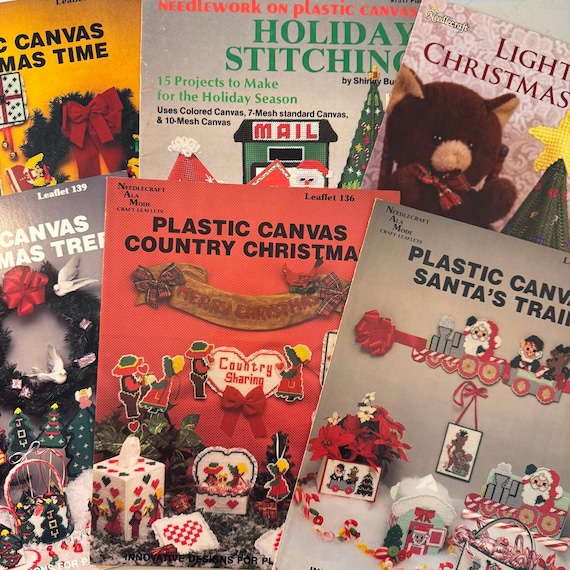 Plastic Canvas Christmas Pattern Book Tree Santa Train Holiday Stitching Winter Craft Needlepoint DIY Handmade Project Leaflet Magazine
