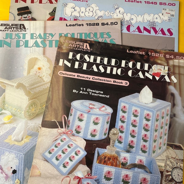 Craft book, vintage how-to magazine, plastic canvas pattern, and hobby