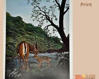 Deer Woodland Print Rustic Cabin Wall Art Wildlife Illustration Forest Scene Nature Painting Majestic Deer Family Forest Art Fawn Doe