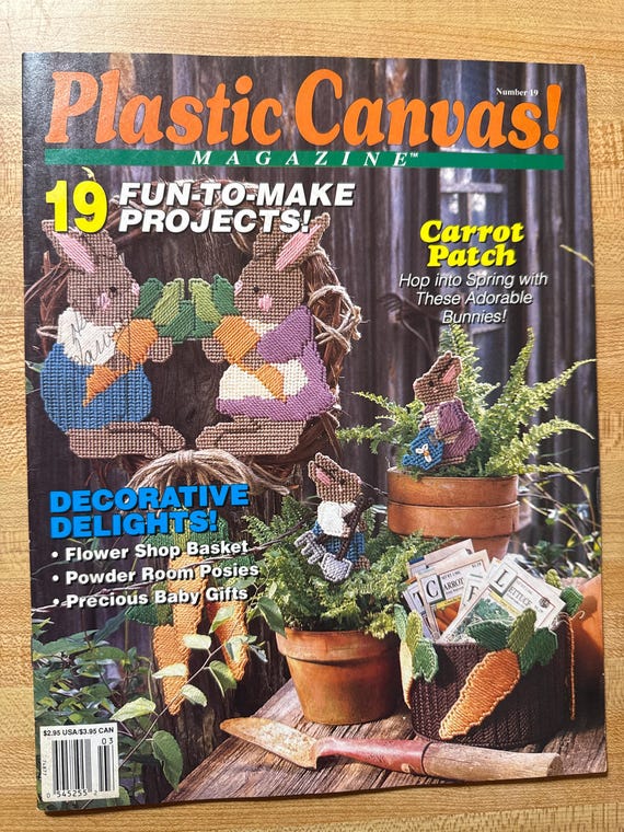 Vintage Flower Plastic Canvas Pattern Magazine Bathroom Wall Decor Notebook Cover Flower Planter March April 1992 Spring Craft Pattern