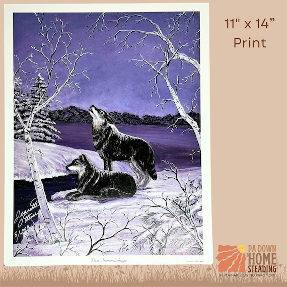 Wolf Wall Art Print Forest Rustic Cabin Decoration Wall Hanging Wildlife Picture Frame Large Framed Wolf Howling Night Scene Artwork Gift