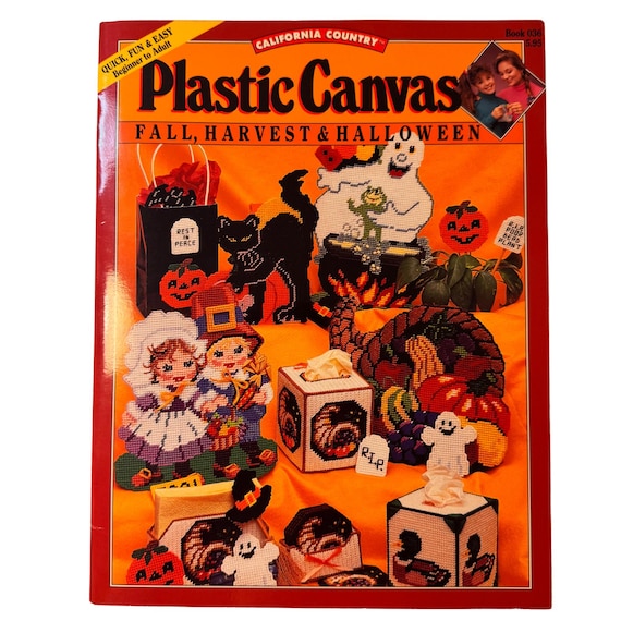 Plastic Canvas Halloween Pattern Book Vintage Booklet Craft Project Guide Haunted House Harvest Ghost Spider Handmade Decoration Treat Bag