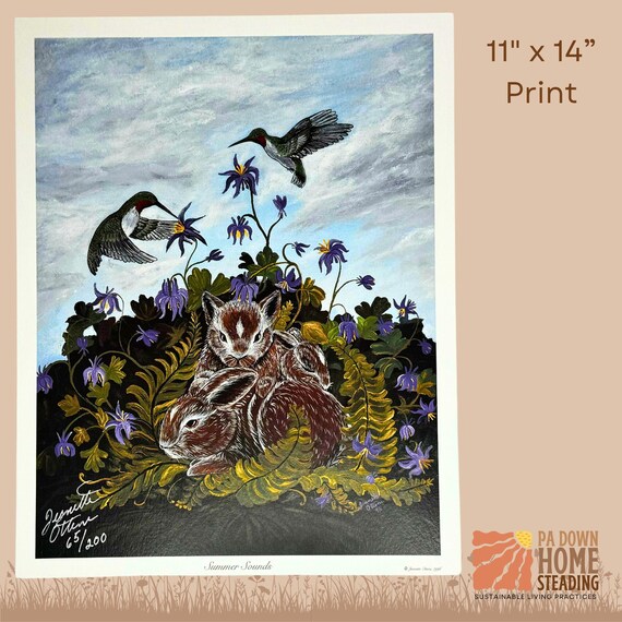 Hummingbird Bunny Art Print Framed Cottontail Picture Perfect Gift for Hunter Cabin Decoration Wildlife Wall Rustic Forest Design Garden