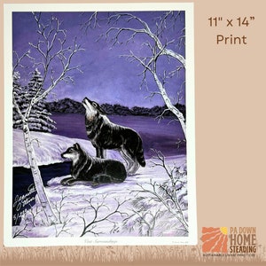 Wolf Art Print Nature Wildlife Pond Art Wall Decor Howling Wolf Family Night Water Winter Woodland Snow Gift Nature Animal Lover