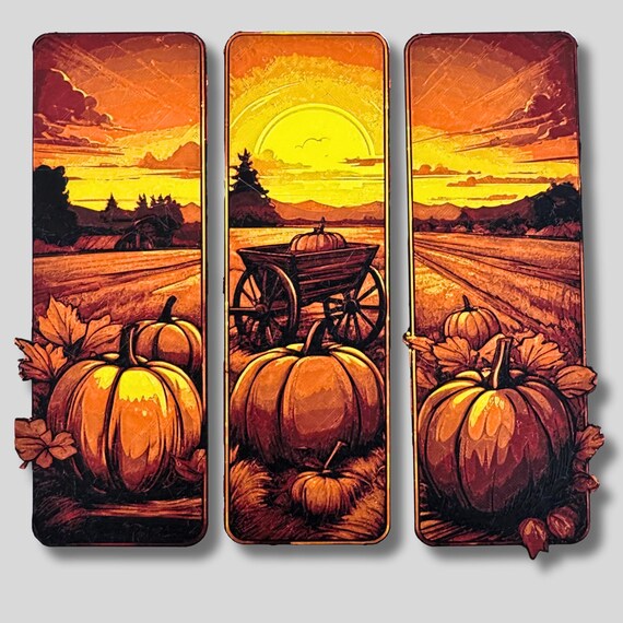 Pumpkin Textured Decoration Wagon Scene Autumn Bookmark Reading Gift Book Lover Literary Companion Fall Accessory Panel Design Harvest Theme