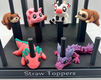Straw Topper Buddies, Tumblers, Cow, Pig, Sloth, Axolotl, Otter, Dragon, Articulated Straw Fidget, 10mm, 3D printed Animal Tumbler Buddy
