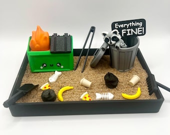 Dumpster Fire Raccoon Zen Garden, Trash Panda, Desktop Sandbox Toy, Office Decor, Stress Relief, Therapy, Counselor, Funny Gift, Sensory Kit