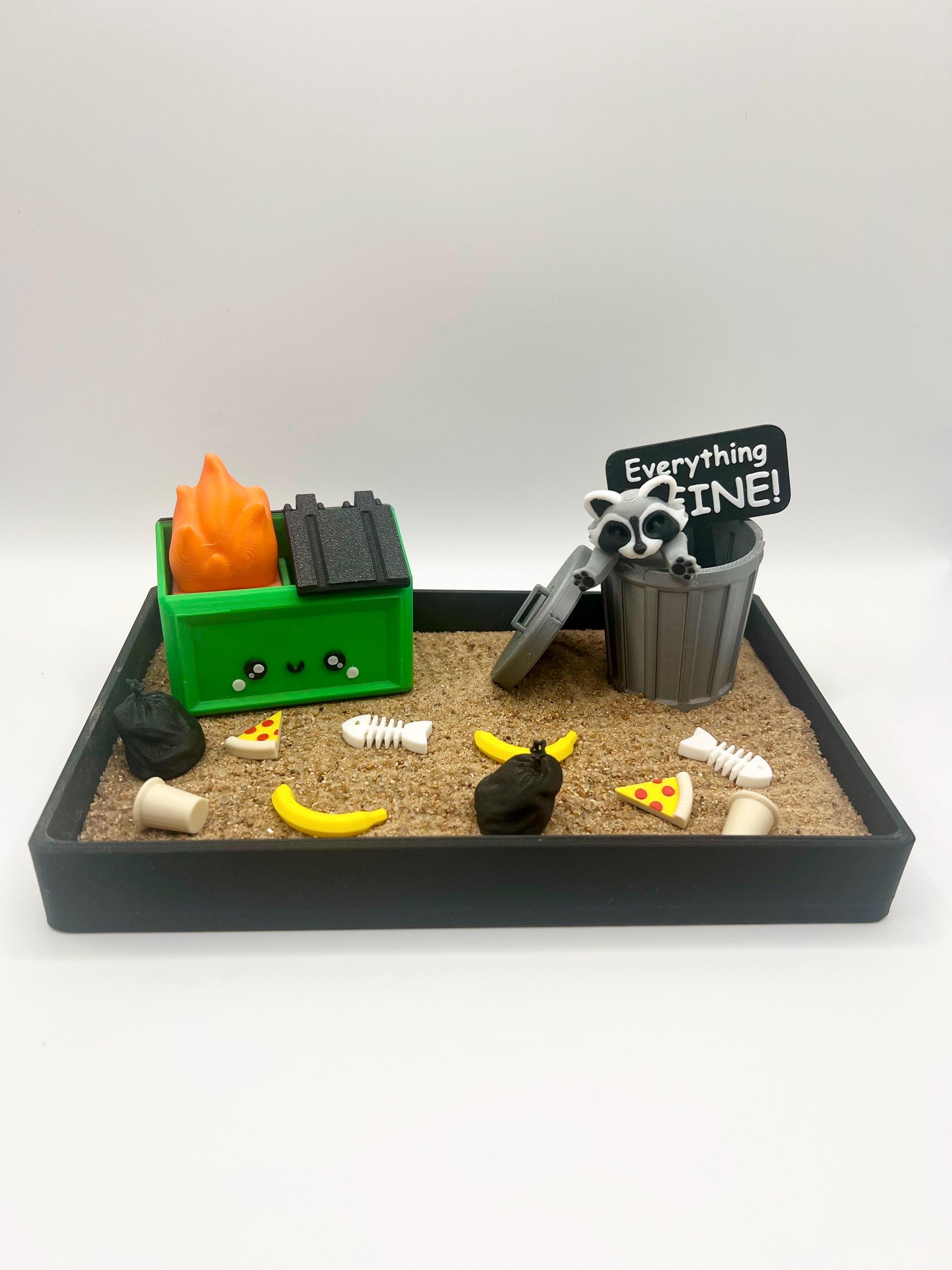 Dumpster Fire Raccoon Zen Garden, Trash Panda, Desktop Sandbox Toy