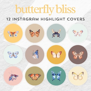 Puede incluir: Doce portadas de destacados de Instagram con ilustraciones de acuarela de mariposas en varios colores y patrones. Las portadas son circulares y tienen un fondo blanco.