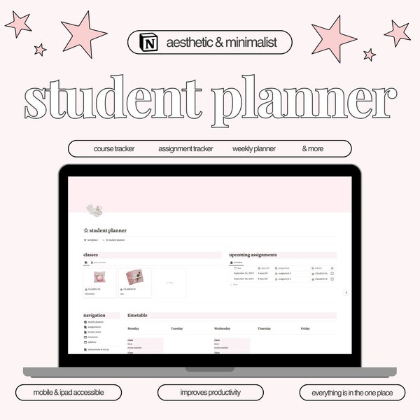 Studentenplanner | Begripsjabloon | Digitale Planner | Academische planner | Huiswerktracker | Esthetisch begrip | Roze Coquette-esthetiek