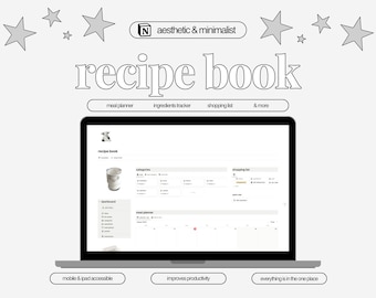 Recipe Book | Meal Planner | Notion Template | Recipe Planner | Digital Planner | Aesthetic Notion | Grey White Black Aesthetic