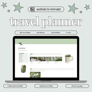 May include: A laptop computer screen displaying a website called "travel planner". The website has a green and white colour scheme and features a minimalist design. The website offers features such as planning a holiday, planning an itinerary, tracking activities, and more. The website is accessible on mobile and iPad devices.