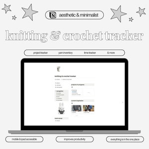 May include: A laptop computer screen displaying a website for a knitting and crochet tracker. The website features a minimalist design with a white background and black text. The website includes sections for project tracking, yarn inventory, time tracking, and more. The website is accessible on mobile and tablet devices. The website is designed to improve productivity and keep all knitting and crochet projects organized in one place.
