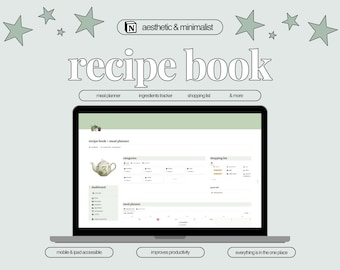 May include: A laptop computer displaying a website for a recipe book and meal planner. The website has a green and white color scheme and features a teapot icon. The text on the website reads "recipe book - meal planner". The website also includes sections for categories, a shopping list, and a meal planner. The laptop is on a light green background with stars.