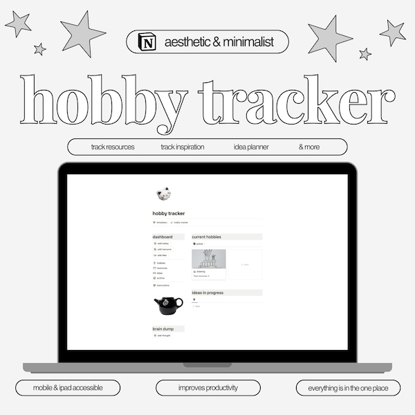 Hobby Tracker | Art Tracker | Artist Organization | Project Management | Notion Template | Digital Planner | Grey White Black Aesthetic