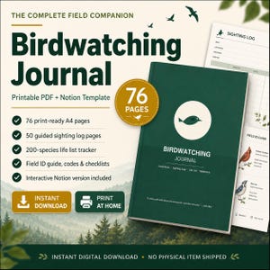 Può includere: Un diario di birdwatching verde scuro con un'icona circolare bianca raffigurante la sagoma di un uccello. Il testo in copertina recita Birdwatching Journal, Field Notes, Sighting Logs, Life List, Reference e una citazione di John Muir. Include 76 pagine.