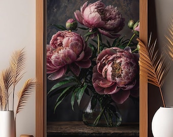 Enchanted Peony Dreamscape - Moody Pink Peonies Wall Art - Elegancki kwiatowy nadruk - Pobieranie cyfrowe