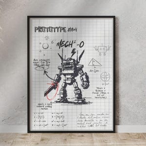 Peut inclure: Une illustration en noir et blanc d'un prototype de robot, étiqueté "MECH2-O", sur un fond quadrillé. Le robot est dessiné dans un style pixélisé et a un corps volumineux et rectangulaire avec des bras et des jambes. L'illustration comprend des notes manuscrites et des équations, notamment "Arm strength test: Can lift 50kg aim for 75kg" et "Math + Science = Power (Also, a lot of headaches)".