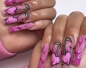 Press on pink cartoon fake nails/ valentines nails/ gift for her/ birthday nails/ long nails false nails