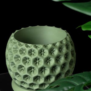 May include: A green ceramic planter with a textured, honeycomb-like design. The planter is round and has a wide opening.