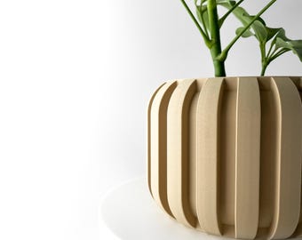 May include: A beige ceramic planter with vertical ridges, featuring a green plant with multiple stems and leaves.
