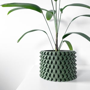 May include: A green geometric planter with a houseplant. The planter has a textured, diamond-shaped pattern.