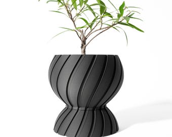 May include: A black, swirl-patterned planter with a small green plant growing inside. The planter has a wide base and a narrow top, creating a unique hourglass shape.