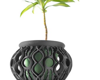 May include: A black planter with a geometric design, featuring a green plant with long, narrow leaves.