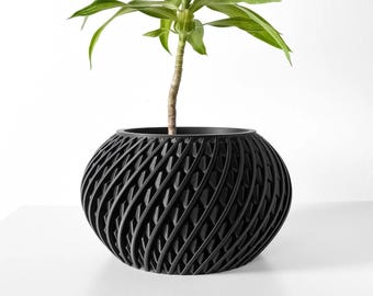 May include: A black planter with a unique, geometric, woven design. The planter is round and has a wide opening. A green plant is growing in the planter.