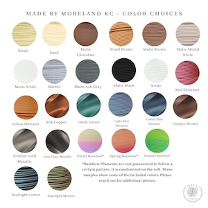 May include: Color chart showing 18 different colors of cord, including Khaki, Sand, Matte Chocolate, Wood Brown, Matte Brown, Matte Muted White, Matte White, Marble, Matte Ash Gray, Matte Black, White, Red Shimmer, Yellow Shimmer, Silk Copper, Oxide Green, Light Blue Shimmer, Cobalt Blue Metallic, Copper Brown, Iridium Gold Metallic, Iron Gray Metallic, Pastel Rainbow, Spring Rainbow, and Summer Rainbow. The text *Rainbow filaments are not guaranteed to follow a certain pattern. It is randomized on the roll. These samples show some of the included colors. Please reach out for additional photos.* is also included.