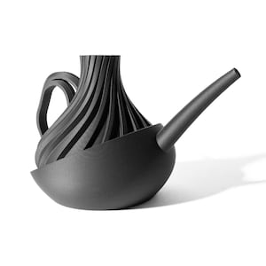 May include: A black watering can with a unique, ribbed design and a long spout. The can has a rounded base and a handle.