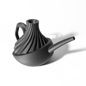 May include: A black watering can with a unique, spiral design. The spout is long and curved, and the handle is attached to the side of the can.