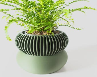 May include: A green ceramic planter with a ribbed design and a rounded bottom. A green fern plant is growing in the planter.