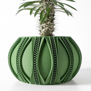 May include: A green ceramic planter with a textured, geometric design. The planter is round and has a wide opening.