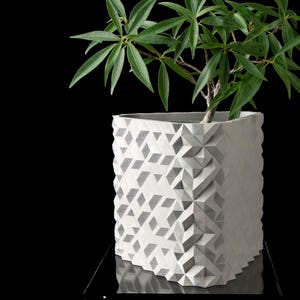 May include: A square, geometric, white planter with a textured surface, holding a green leafy plant. The planter has a repeating diamond pattern. The plant has long, slender green leaves. The background is black.