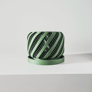 May include: A green planter with a unique, woven design. The planter has a round base and a cylindrical shape.