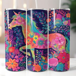 Unicorn Neon Floral 20 oz Skinny Tumbler Sublimation Design | Digital download | Straight tumbler wrap png | Instant download | png file