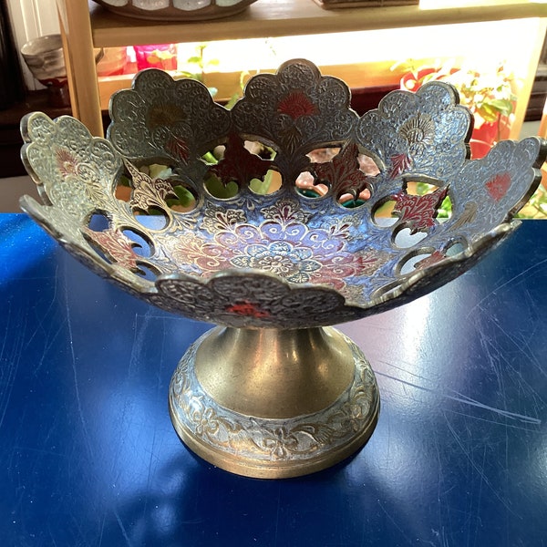 Ornate brass enameled pedestal dish