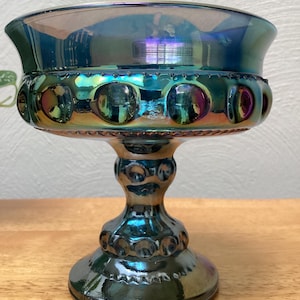 Vintage  Kings crown Indiana blue iridescent glass pedestal dish