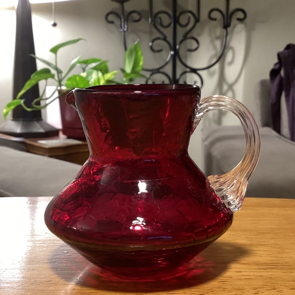 Vintage crackle red glass mini pitcher hand blown glass