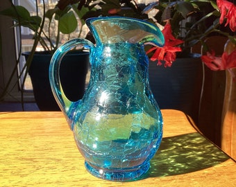 Teal blue crackle glass mini pitcher