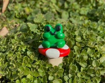 Polymer Clay Frog Sitting On A Mushroom | Handmade | cute decoration desk pet, office decor, figurine, charm, gift