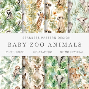 Baby Zoo Animals, Watercolor Seamless Patterns, Digital Paper, Zoo Animals Instant Download, Baby Nursery