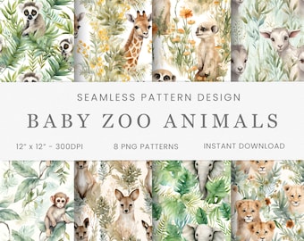 Baby Zoo Animals, Watercolor Seamless Patterns, Digital Paper, Zoo Animals Instant Download, Baby Nursery