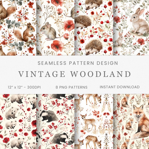 Vintage Woodland Animals Seamless Patterns, Watercolor Digital Paper, Instant Download, Background, Scrap-booking, Baby Nursery