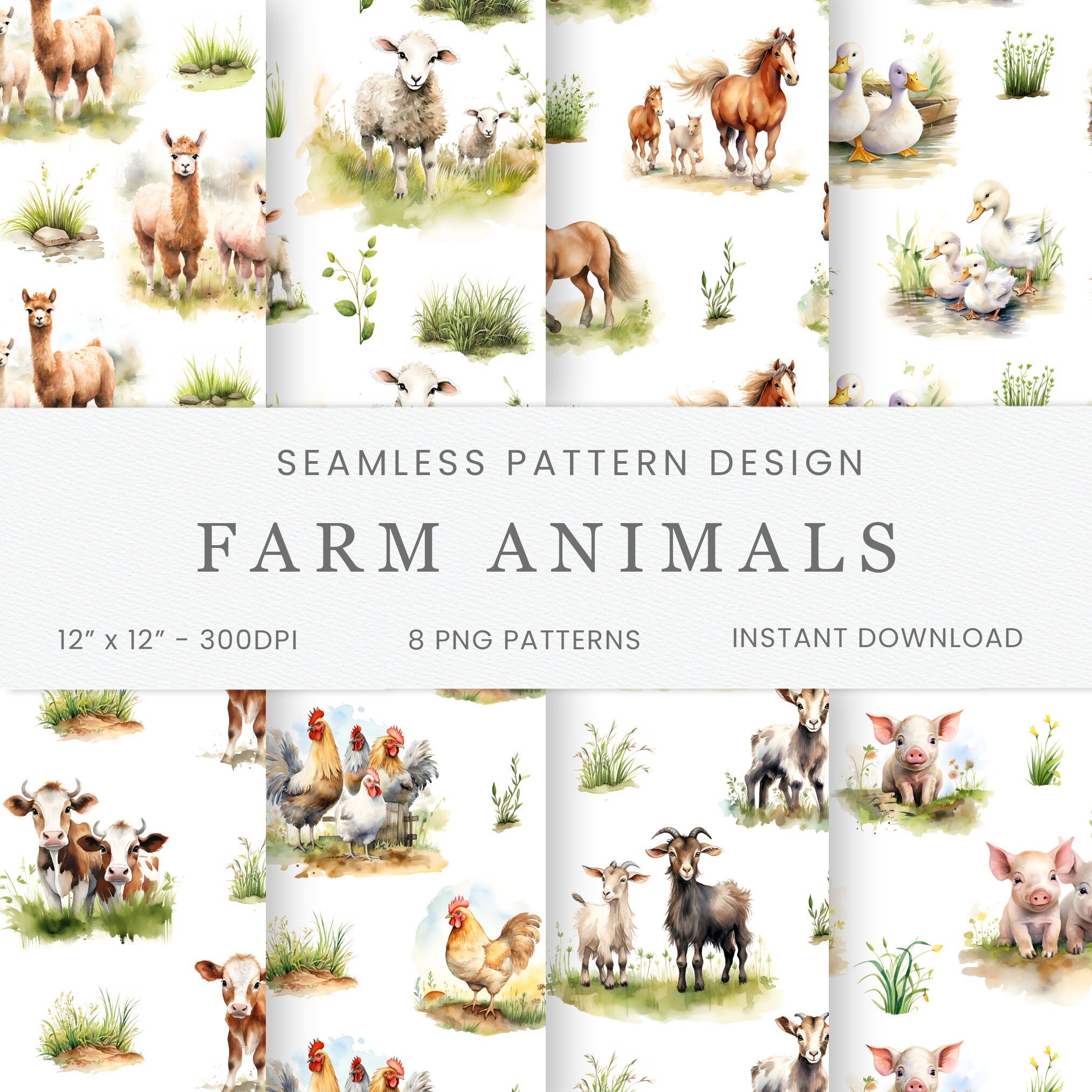Farm Animals Seamless Patterns, Digital Paper, Instant Download, Digital Background, Scrapbooking, Baby Nursery
