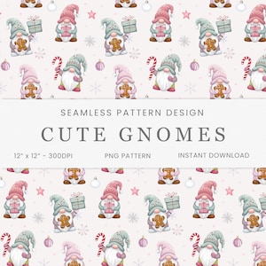 Könnte beinhalten: Ein nahtloses Musterdesign mit Aquarell-Zwergen in Rosa, Grün und Grau. Die Zwerge halten Geschenke, Lebkuchenmänner und Zuckerstangen. Der Text "CUTE GNOMES" wird angezeigt. Das Muster ist 30,48 cm x 30,48 cm groß.