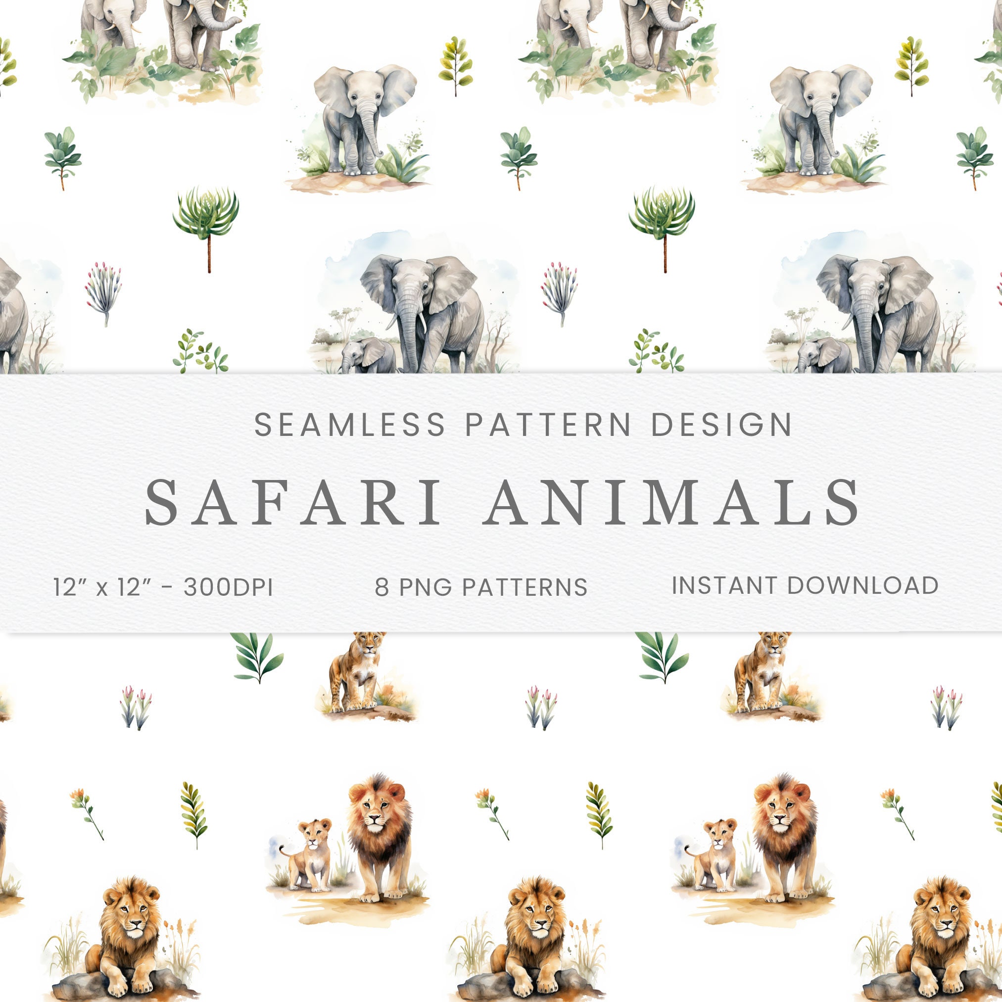 Safari Animals Seamless Patterns for Fabric, Digital Paper, Instant ...