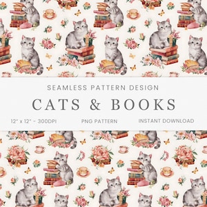 Op de afbeelding: Een naadloos patroonontwerp met aquarel illustraties van grijze katten en stapels boeken. Het patroon is op een witte achtergrond met roze rozen, groene bladeren en vlinders.