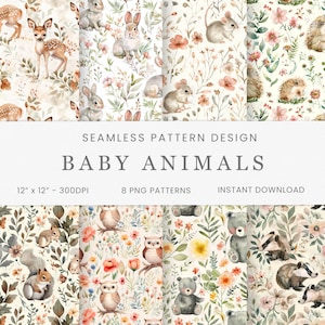 Animales del bosque para bebés, Patrones sin costuras, Papel digital, Descarga instantánea, Scrapbooking, Guardería y ropa para bebés